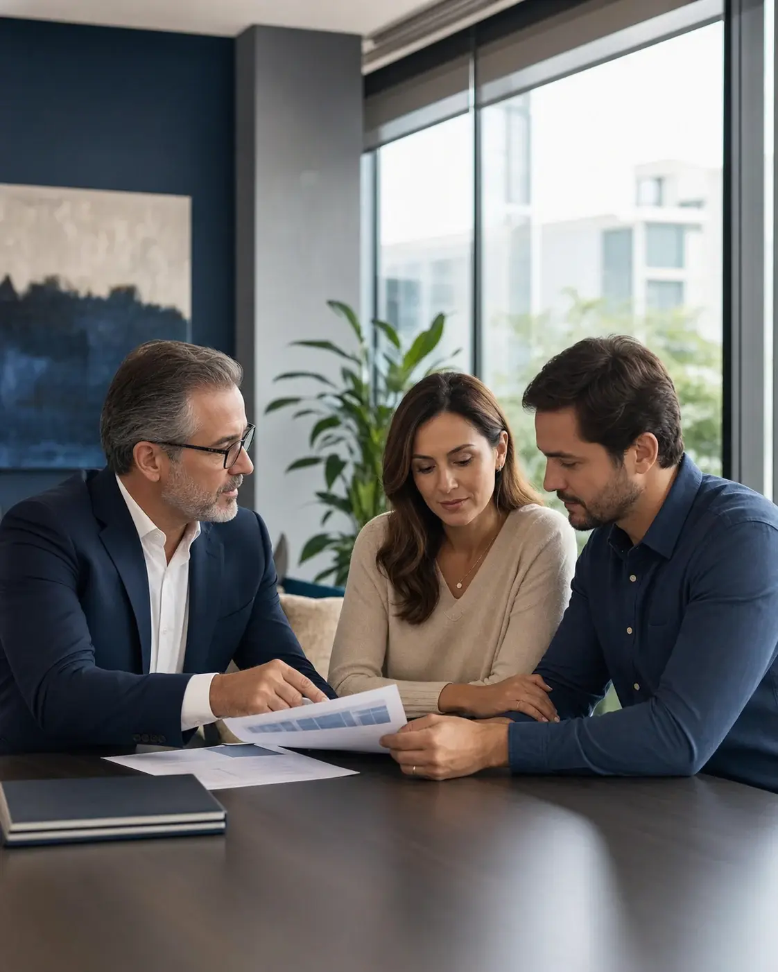 Consultor orientando um casal em uma conversa clara sobre opções de seguros