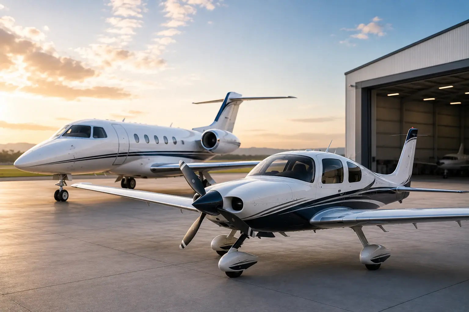 Avião executivo e aeronave leve estacionados diante de hangar, representando seguro aeronáutico