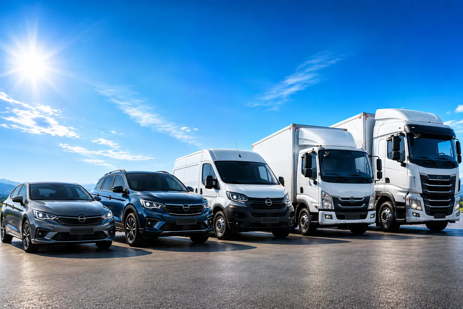 Automóveis e veículos comerciais alinhados, representando seguro auto e mobilidade protegida