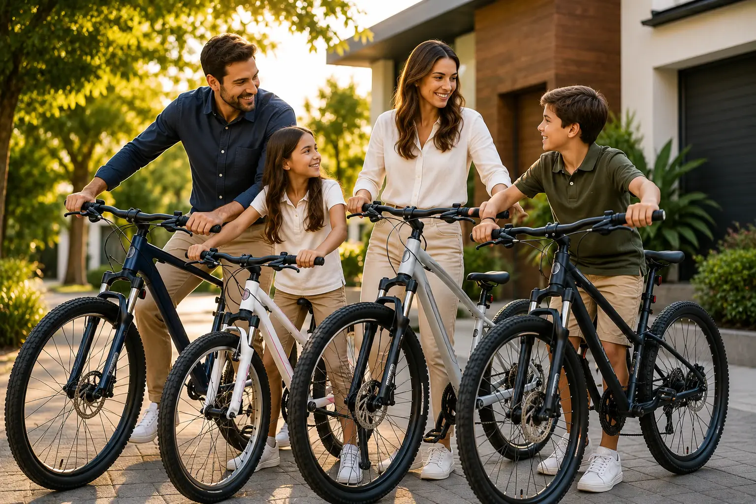 Família reunida com bicicletas em frente de casa, representando seguro bike