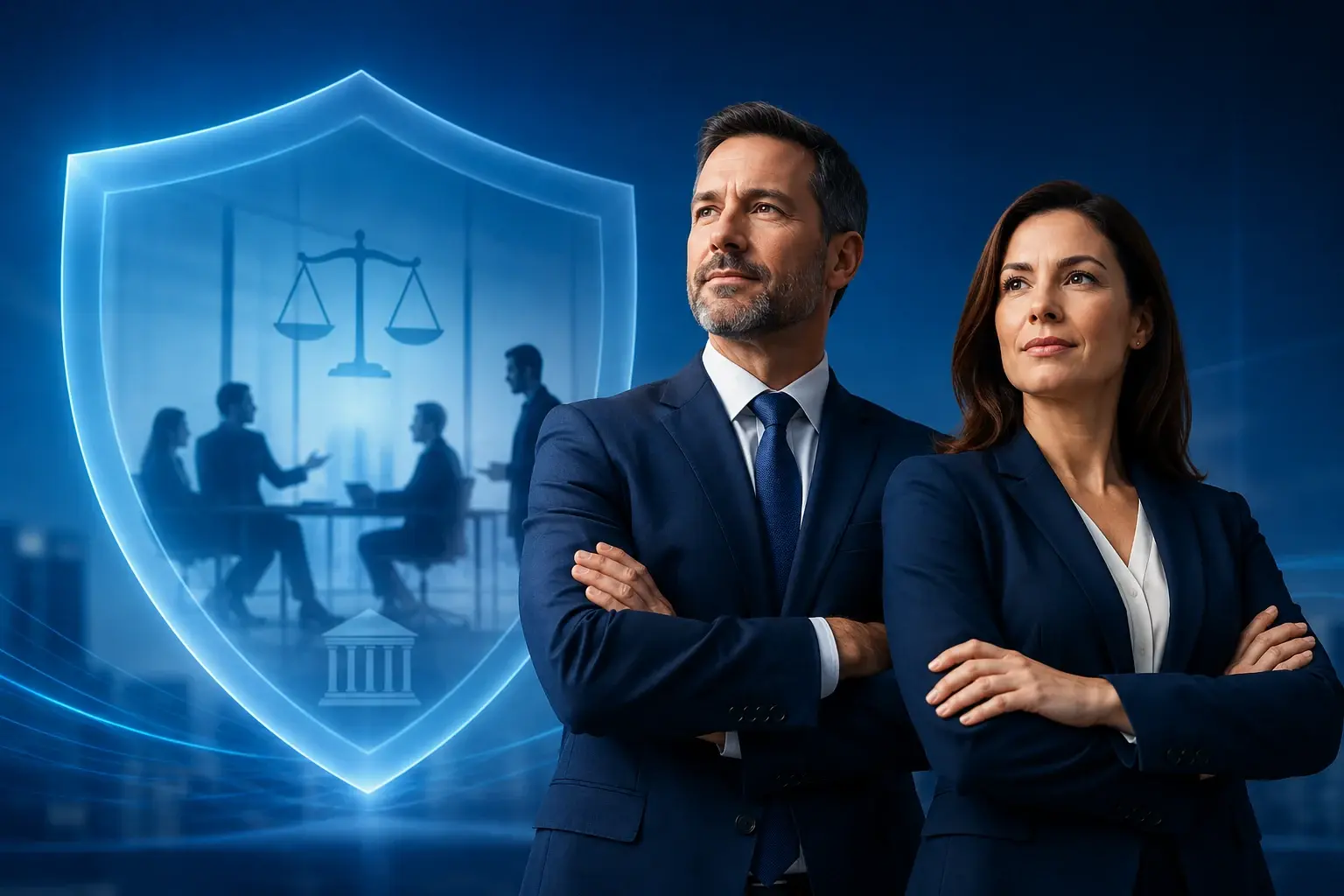 Executivos protegidos por escudo digital, representando seguro D&O e E&O