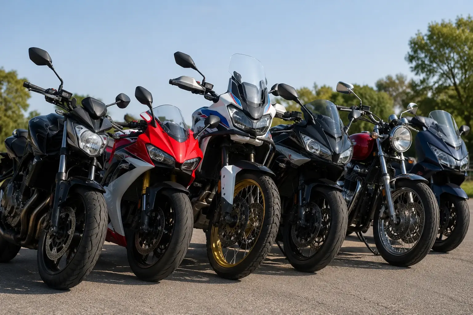 Motos alinhadas em ambiente externo, representando seguro para motos