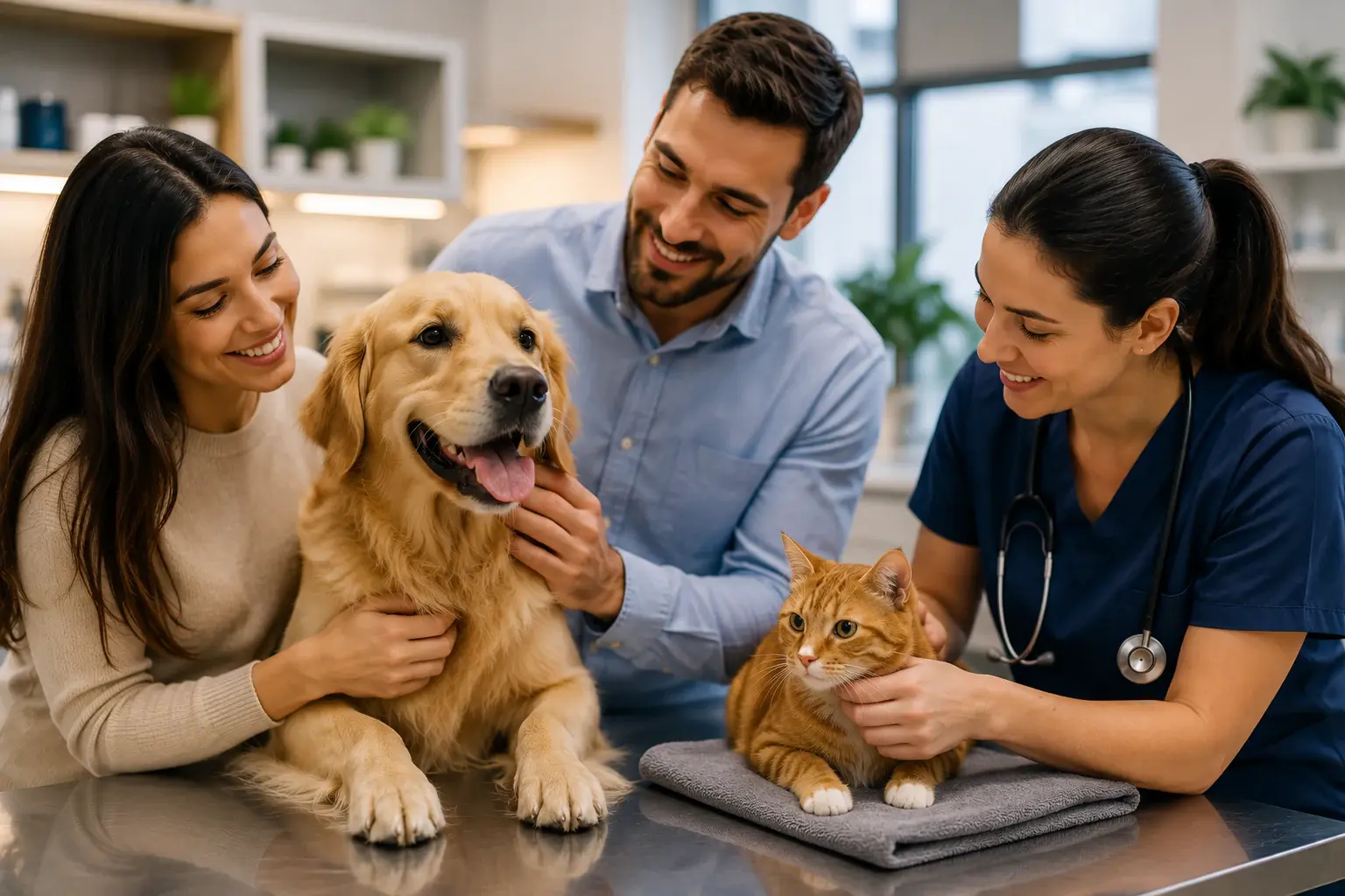 Família acompanhando cão e gato em atendimento veterinário, representando seguro pet e assistência pet