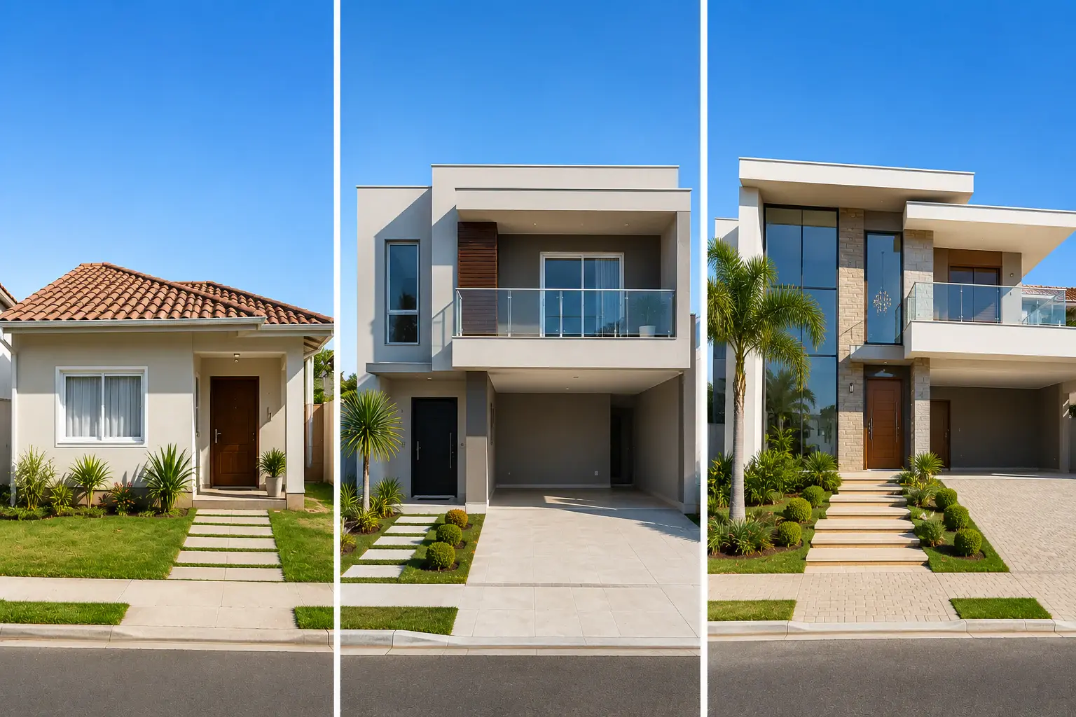 Três residências bem cuidadas de diferentes padrões, representando seguro residencial