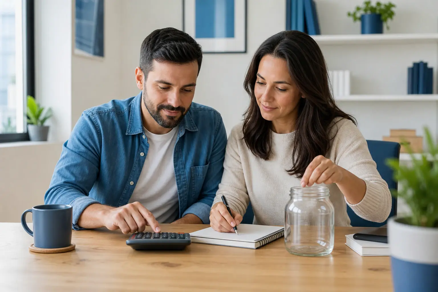 Casal organizando uma reserva financeira com calculadora e recipiente de poupança